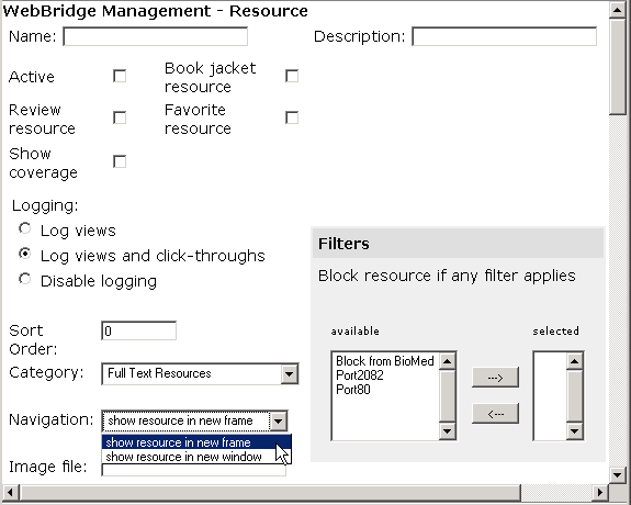 WebBridge Management - Resource menu: Navigation