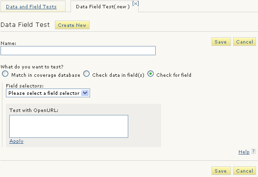 Data and Field Tests (new) tab: Check for field