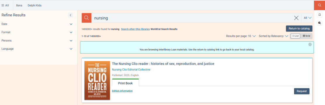 WorldCat Search with the Return to catalog option
