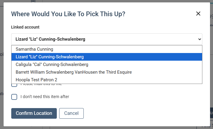 Place holds for linked accounts window and selection for the pickup location